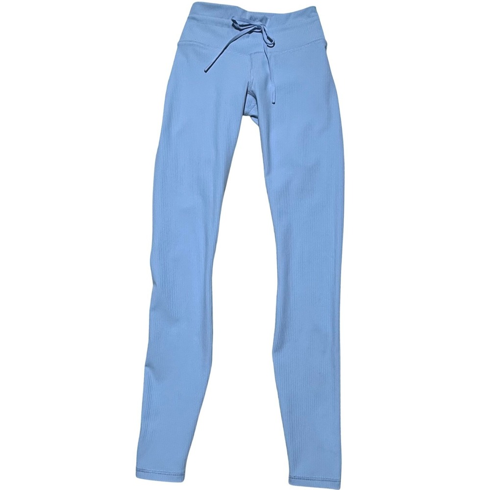 Fabletics Womens Ribbed High Waisted Drawstring Leggings Light Blue Athleisure‎